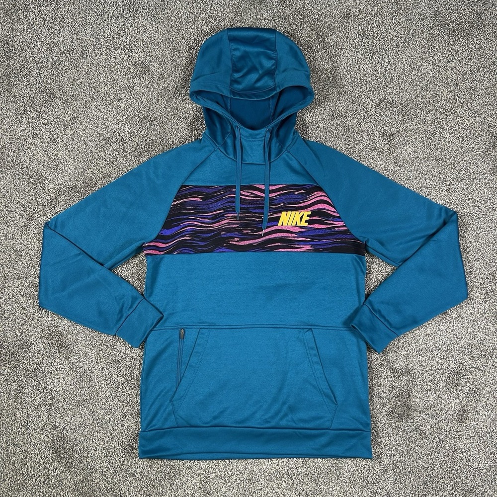 Nike Therma Training Hoodie Mens Small Pullover Blue Multicolor Color Block Gym